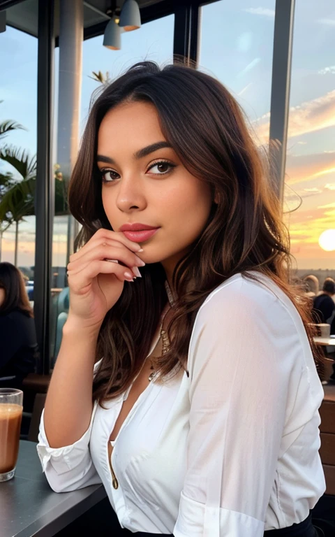 belle brune latina  portant un pull rouge (sipping coffee in a modern cafe at sunset), very detailed, 21 ans, visage innocent, natural wavy hair, dark eyes, high resolution, head of&#39;artwork, best quality, intricate details, very detailed, sharpness, detailed skin, realistic skin texture, texture, detailed eyes, Professionnel, 4K, charming smile, shot with Canon, 85mm, shallow depth of field,  Kodak Vision Color, corps parfaitement ajusté, extremely detailed, Photo_\(ultra\), photorealistic, realistic, Post-traitement, maximum detail, roughness, real life, ultra realistic, photorealism, la photographie, 8k uh, la photographie