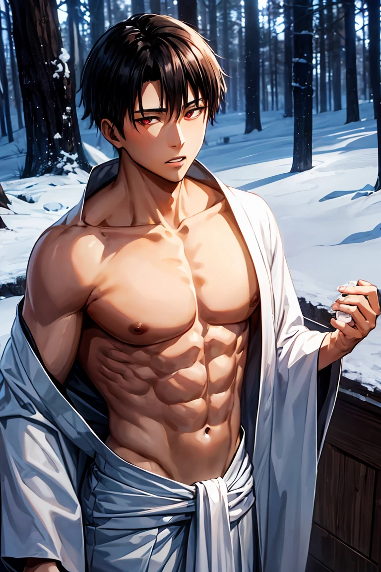 Asian man z wears a white kimono tied at the waist., He is showing his naked torso., black fur, Red eyes, broad, thin man, medieval forest background, the trees are frozen. wide, focus on his face, is biting a condom.