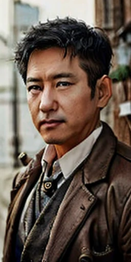  dressed in steampunk; , a middle-aged Asian man in steampunk clothes, wide face, gray hair, serious face;  wearing dark Victorian clothes