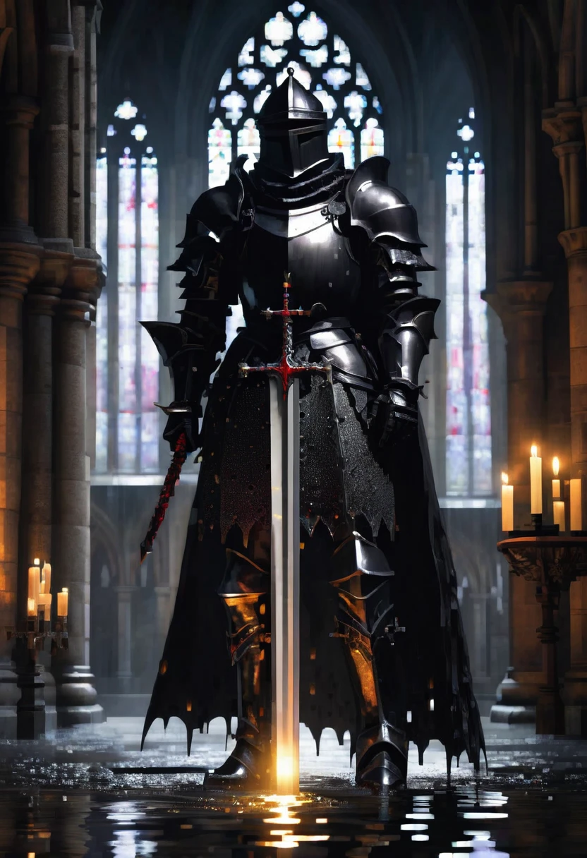  gothic black knight standing inside a gothic church, wet stone, puddles, infinite vaults, bloodborne, dramatic light, low key, candle light

