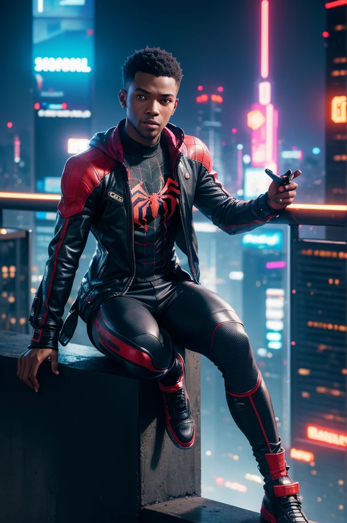 Describe a scene in Cyberpunk 2077 where Miles Morales, wearing his signature Spider-Man costume, is sitting with his back on the railing of a skyscraper. The city below is buzzing with neon lights and pulsating holograms, while Miles observes the urban movement with a serene expression, one hand resting on your knee and the other holding a small piece of futuristic technology."