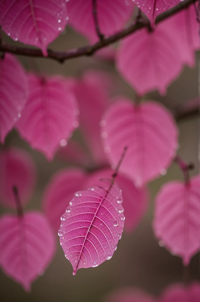 A pink tree from the rain, focusing on part of its leaves passing through a drop of water