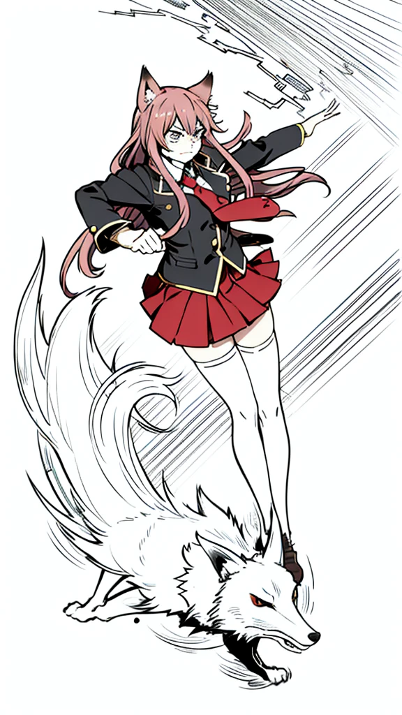 1girl ,20s,mature female,angry face,(red hair),long hair,fox ears,(white background, line drawing),necktie, jacket, blazer,long sleeves, skirt,pleated skirt,thighhighs,