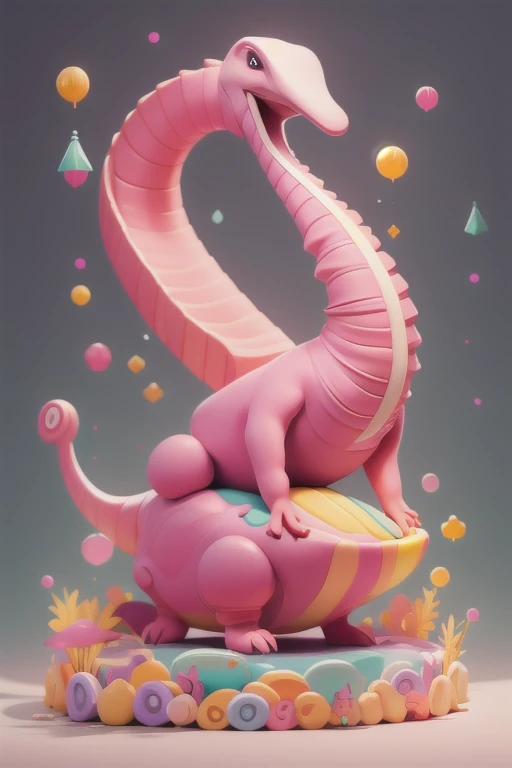 masterpiece,best quality,A cute pink brontosaurus ,rubbing his belly,full background,candyland,full body,chibi,