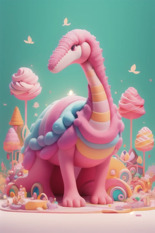 masterpiece,best quality,A cute pink brontosaurus ,rubbing his belly,full background,candyland,full body,chibi,