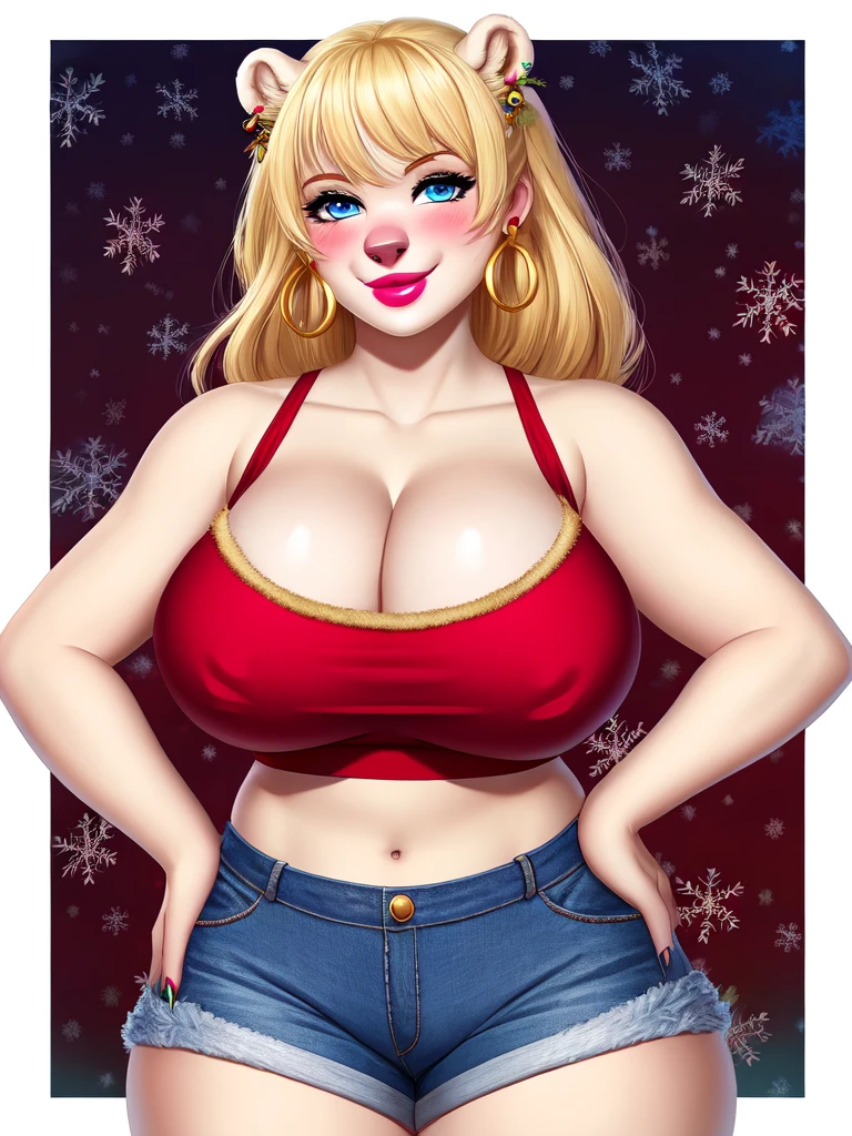 Blonde polar bear woman, wearing a Christmas crop top and jean shorts, perfect face, blue eyes, big breasts, cleavage, three-quarter view, solo, smile, perfect detailed body, pink lipstick, gold earring, hand on hips, blushing