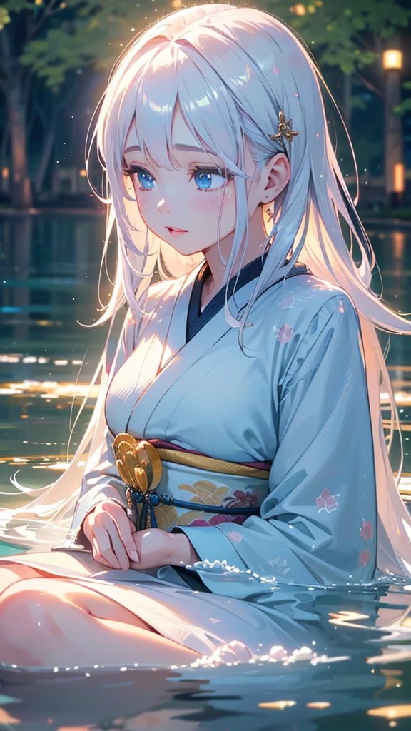 beautiful young woman in traditional japanese kimono sitting on the shore of a calm lake, long white hair, light blue eyes, the surface of the lake reflecting her image like a mirror, sparkling particles of light dancing around her, creating a dreamy, fantastical atmosphere, the scene evoking the feeling of tanabata festival, (best quality,8k,highres,masterpiece:1.2),ultra-detailed,(realistic,photorealistic,photo-realistic:1.37),detailed facial features,extremely detailed eyes and face,longeyelashes,beautiful detailed lips,beautiful detailed skin,natural lighting,warm color tones,soft focus,bokeh
