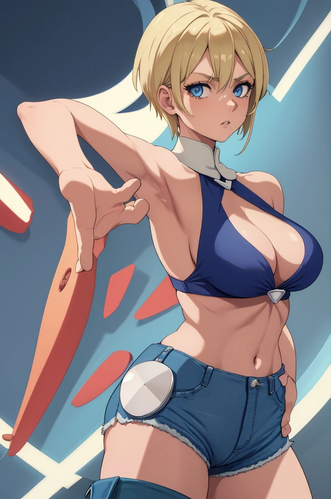 Panel work of art, blue colored eyes, short blonde hair, wearing a tight blue tank top with a low neckline, wearing short, tight denim shorts with the buttons open, defined body, 4K HD image