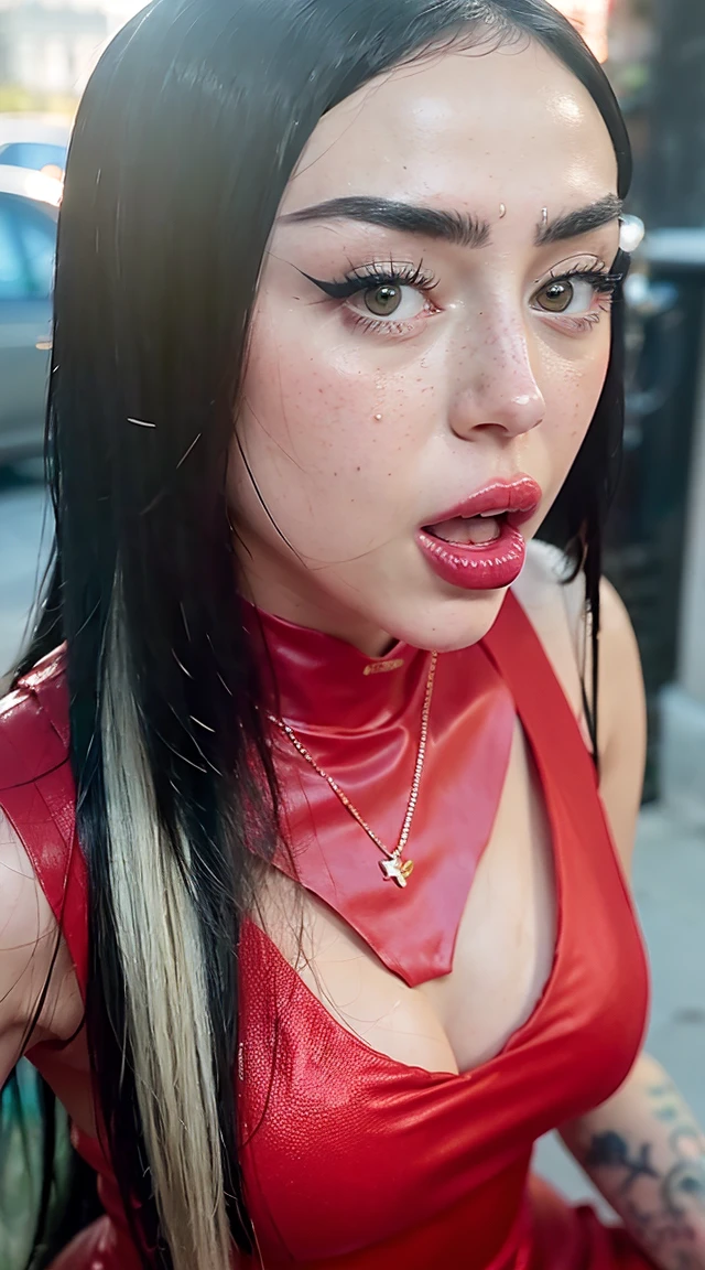a close up of 1girl in a red dress with tattoos on her chest, , fotografía analógica de ahegao, ahegao expression, sweat ((salivation)), bukkake, 1girl has reddened cheeks, (soft saturation:1.2), analog film photography, highly detailed, photorealistic, 8k, realistic skin texture, detailed facial features, ((seductive pose)), (dynamic angle), (tipo de cuerpo pequeño:1.1), (petite body), multiple angles, charli xcx, ava max, bella poarch, she looks like a mix of grimes, charli bowater, sexy look, billie eilish, madison beer as leeloo, portrait of kim petras, 18 years old, the super hot and sexy, looks a blend of grimes