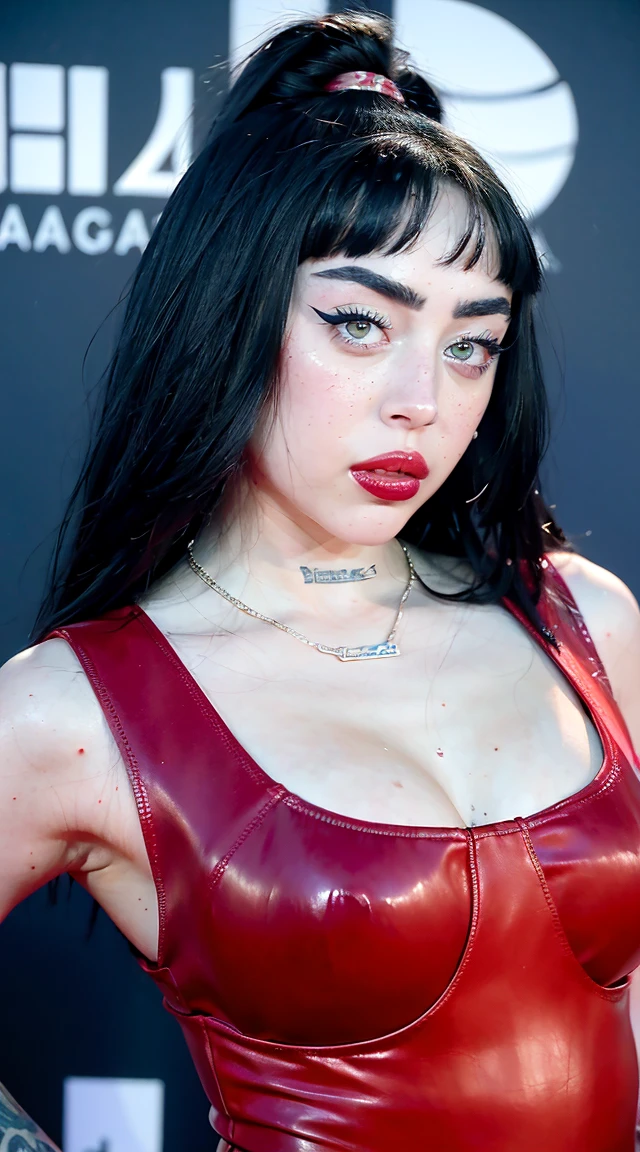 a close up of 1girl in a red dress with tattoos on her chest, , fotografía analógica de ahegao, ahegao expression, sweat ((salivation)), bukkake, 1girl has reddened cheeks, (soft saturation:1.2), analog film photography, highly detailed, photorealistic, 8k, realistic skin texture, detailed facial features, ((seductive pose)), (dynamic angle), (tipo de cuerpo pequeño:1.1), (petite body), multiple angles, charli xcx, ava max, bella poarch, she looks like a mix of grimes, charli bowater, sexy look, billie eilish, madison beer as leeloo, portrait of kim petras, 18 years old, the super hot and sexy, looks a blend of grimes