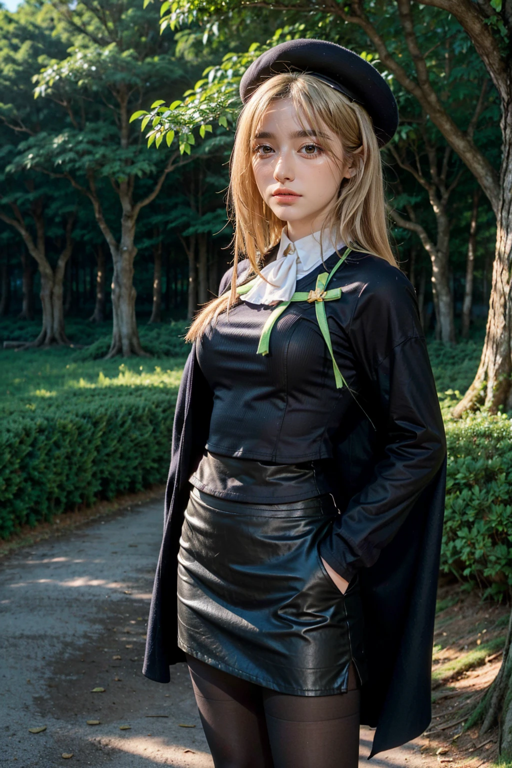 1 girl, best quality, ((Miyo)), tarankaaa, perfect face, beautiful smile, 30 years old, ((ascot, uniform, black skirt, cross, ribbon, gold blonde hair, emerald, beret, cape, pantyhose, long shirt covering hips, shirt touches hips)), ((perfectly drawn hands)), perfect body, bare tree, bush, fog, forest, grass, nature, outdoors, plant, scenery, solo, standing, tree, 32k photograph, ((perfect eyes, detailed eyes,realistic eyes)), ((sharp face, detailed face, realistic face, natural skin, realistic skin, detailed skin, pores)), full body, tone mapping, asian-european, ((masterpiece)), ((highres)), ((detailed background)), japanese village background, night, big proportions,