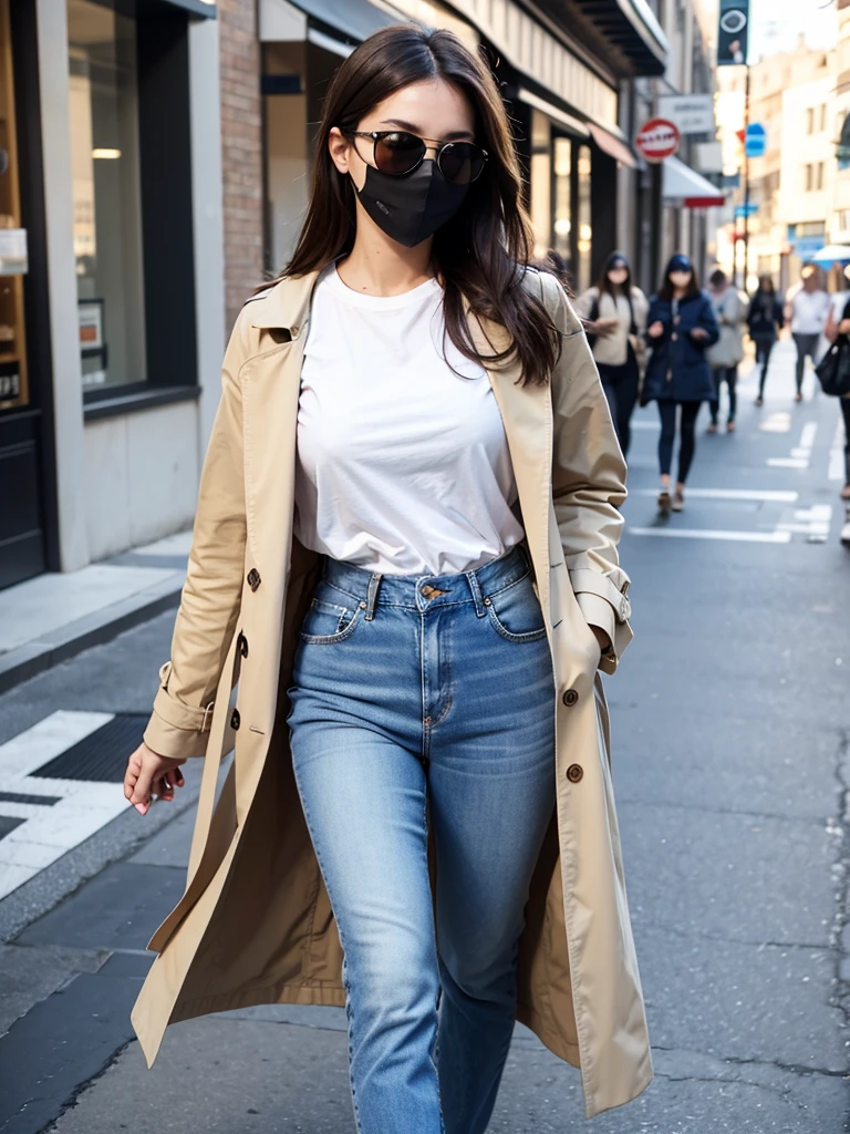 8K RAW Photos, best quality, masterpiece, Ultra-high resolution, Film Grain, , 1 Girl，A model, 170cm tall, 58kg, wearing blue jeans and a white T-shirt with a beige trench coat and a black mask, standing on a city street, wearing sunglasses, stylish and casual vibe