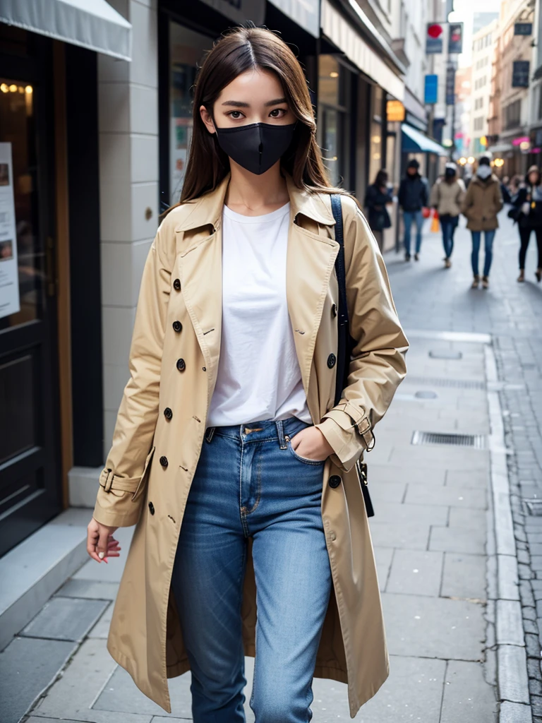 8K RAW Photos, best quality, masterpiece, Ultra-high resolution, Film Grain, , 1 Girl,A model, 170cm tall, 58kg, wearing blue jeans and a white T-shirt with a beige trench coat and a black mask, standing on a city street, wearing sunglasses, stylish and casual vibe