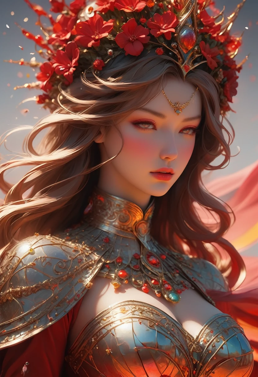 In the center of a chaotic, swirling world, a figure stands, a work of art in itself. Her face is a masterpiece of sorrow, her eyes a deep, crimson red, as if they've been etched with pain. Her body is a sculpture of intricate detail, crafted from golden and bronze wire, with a swirly pattern that seems to move with the wind.
Around her neck, a collar of spikes glints in the light, like a crown of thorns. Her horns, made of glass, are curved and delicate, like the petals of a flower. They shimmer in the sunlight, casting a rainbow of colors on the ground.
Behind her, the world seems to melt and flow, as if the very fabric of reality is being torn apart. Red and white polka dots dance across the horizon, like a frenzied dance of destruction. The air is thick with the scent of molten lava, and the ground beneath her feet seems to tremble with the weight of her sorrow.
As she stands, her eyes fixed on the horizon, it's clear that this figure is a work of art, a sculpture of beauty and pain, a testament to the power of the human spirit to endure even in the face of chaos.