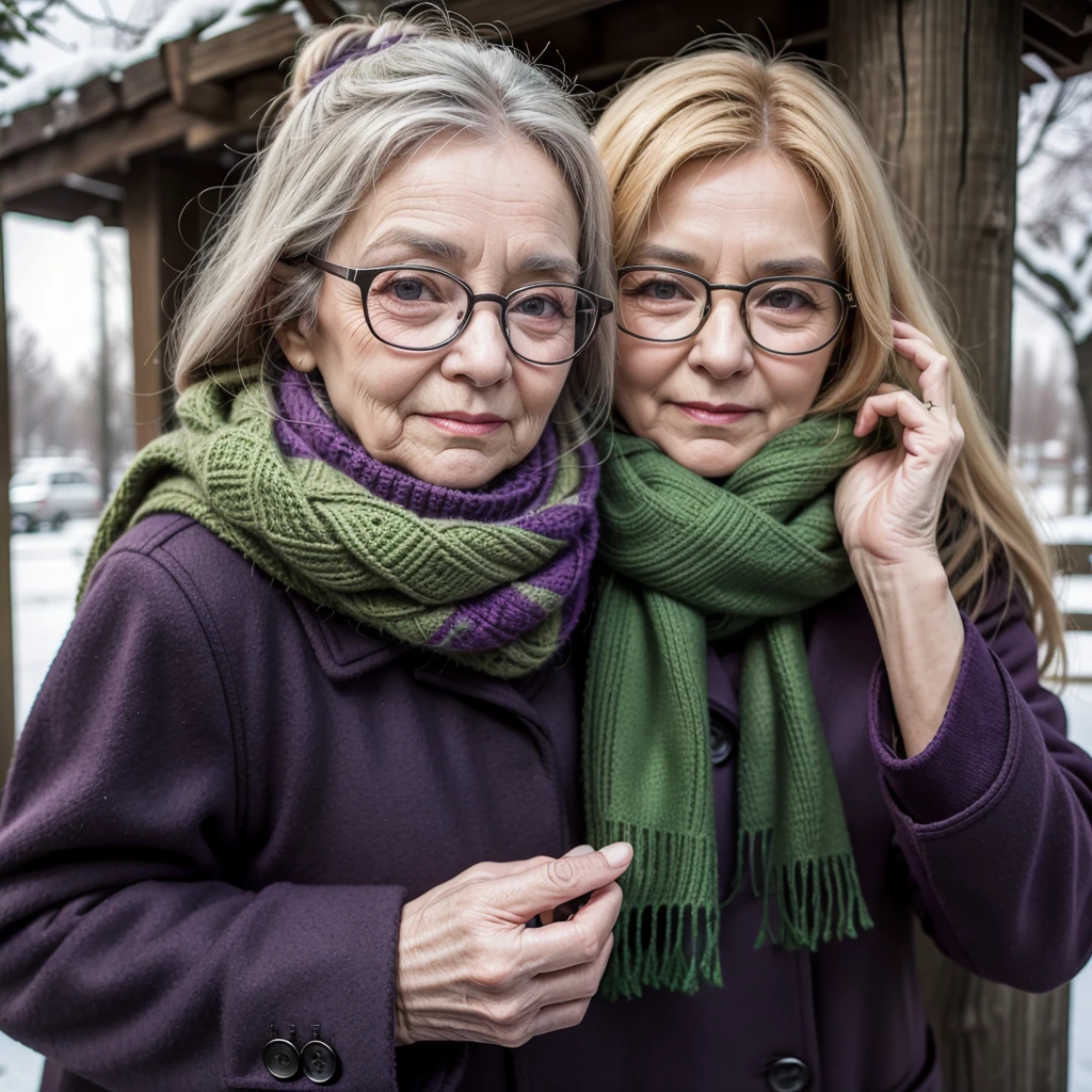 work of art, best qualityer, An old woman with glasses and a scarf, wearing a purple coat and green scarf, stopped not park