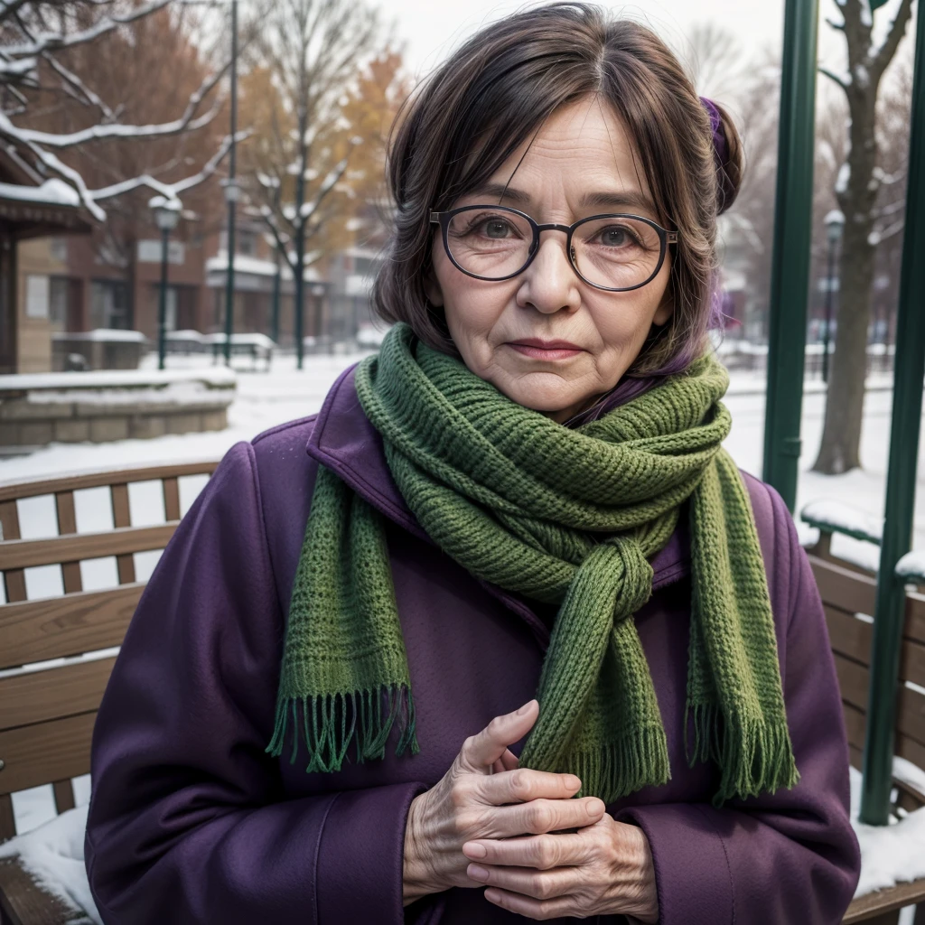 work of art, best qualityer, An old woman with glasses and a scarf, wearing a purple coat and green scarf, stopped not park