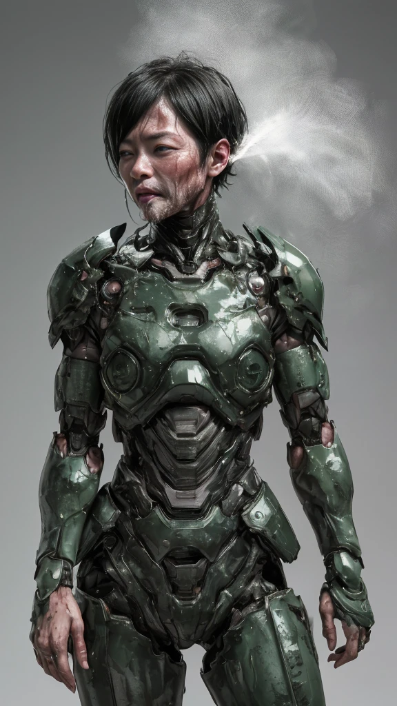 Rough skin, Very detailed, Advanced Details, high quality, 最high quality, High resolution, 1080P 、Bleeding from the wound、Sexy Eyes、Wearing green and black、cute((The whole body is sweating))(Equipped with a damaged battle suit....)(Dark green armor)(Broken Armor)Black Hair、Chiquita、short hair、Open your mouth、Painful expression、It hurts again、Healthy Skin、40-year-old woman　　(Steam coming out of the face) ((Steam from the body)) 　Unable to fight　Severe attacks　　Normal face　freckles　Full-body portrait with no exposed skin