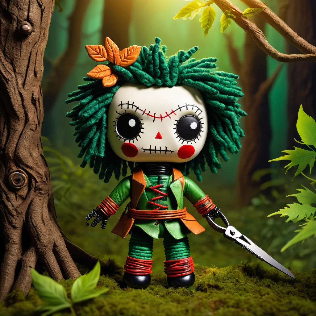 (knitted toy voodoo doll:1.7), (Voodoo Tree Doctor:1.3), (Clothing: forest-green outfit with glowing leaf designs:1.0), (Accessories: enchanted pruning shears, glowing tree sap, magical seed pouch:1.2), (background: enchanted forest with floating leaves, glowing trees, and mystical forest creatures:1.2), best quality, masterpiece, detailed soft oil painting, detailed background, dramatic cinematic lighting, soft edge lighting, professional, dramatic lighting, hard edge lighting, ultra quality, 4k,masterpiece, best quality, 8k, ultra highres, highres, extremely detailed