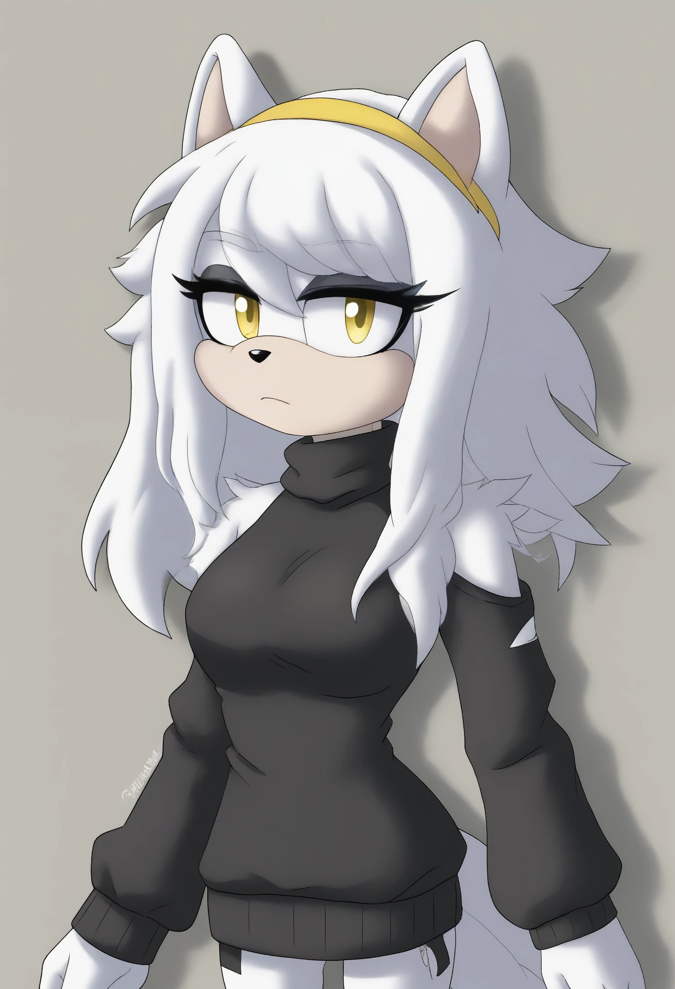 (1girl), (solo), Female wolf, brownish fur, long hair, white highlights, 3 large hair bangs, (side locks/quills over shoulders), yellow eyes, white patches of fur around eyes, (medium breasts), (black sweater), turtleneck, yellow headband, light skin colored muzzle and inner ears, eyelashes, expressionless, daytime, mobian, mobius city