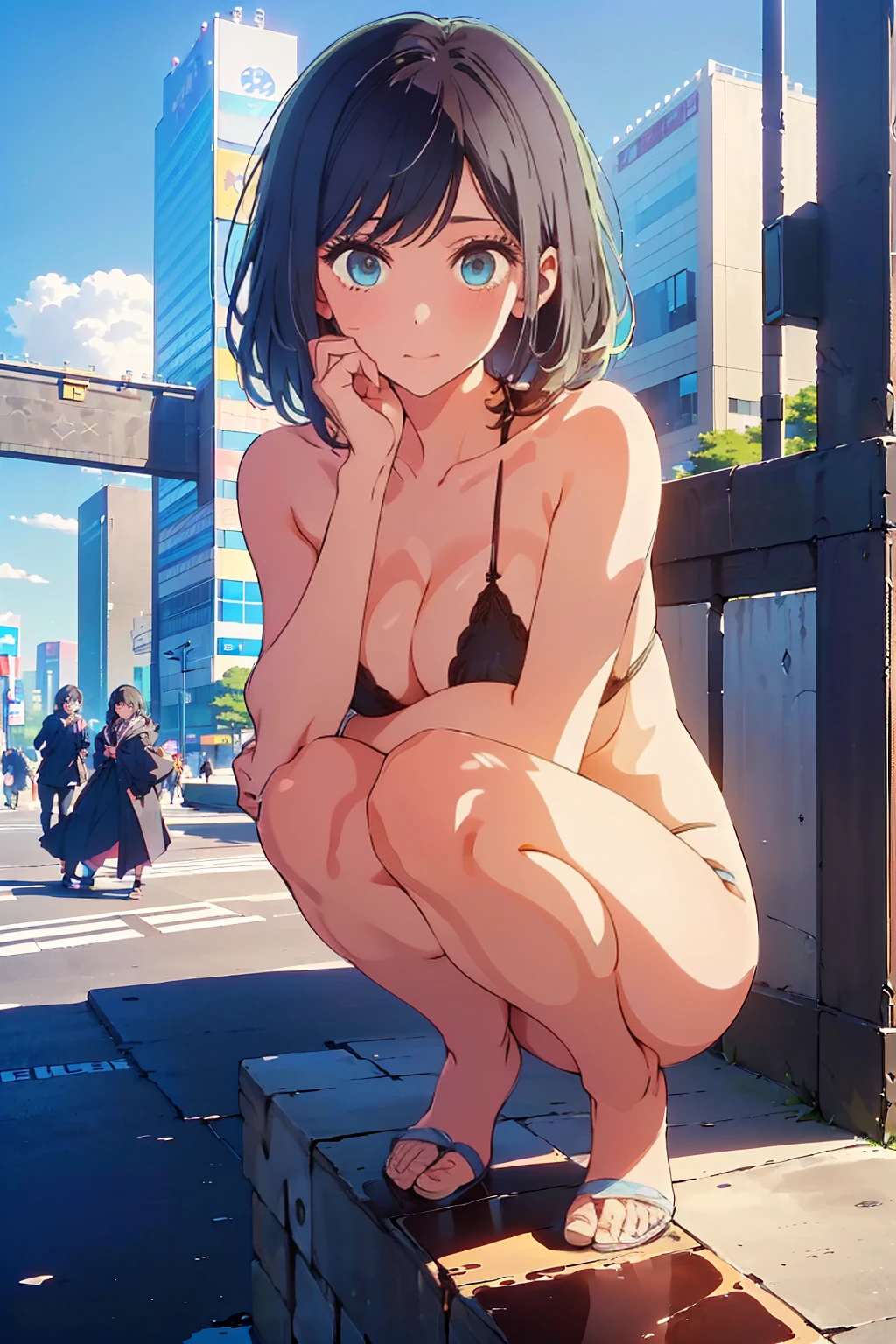 (Highest quality:1.4、masterpiece:1.4、Super detailed:1.4、Ultra-high resolution:1.4、8K:1.4)、Slim body、Big Breasts、((((1 person、Surprised expression、In the background are the urban buildings of Tokyo、looking at the camera、Shibuya Crossing in Tokyo、Get up close and take a photo、Very cute face))))、((((nude、very beautiful areola))))、(Pose with hands tucked behind ears:1.4、Cheek resting on hand:1.4、squat)、(((Black Bikini)))、valley、Very blue sky、A completely cloudless sky
