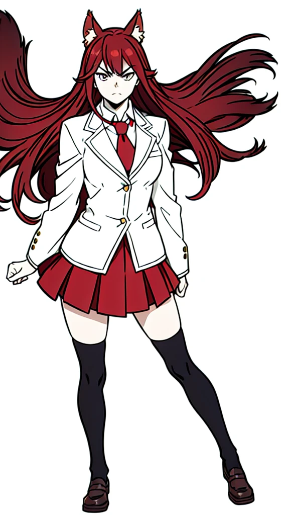 1girl ,20s,mature female,angry face,(red hair),long hair,fox ears,(white background, line drawing),necktie, jacket, blazer,long sleeves, skirt,pleated skirt,thighhighs,