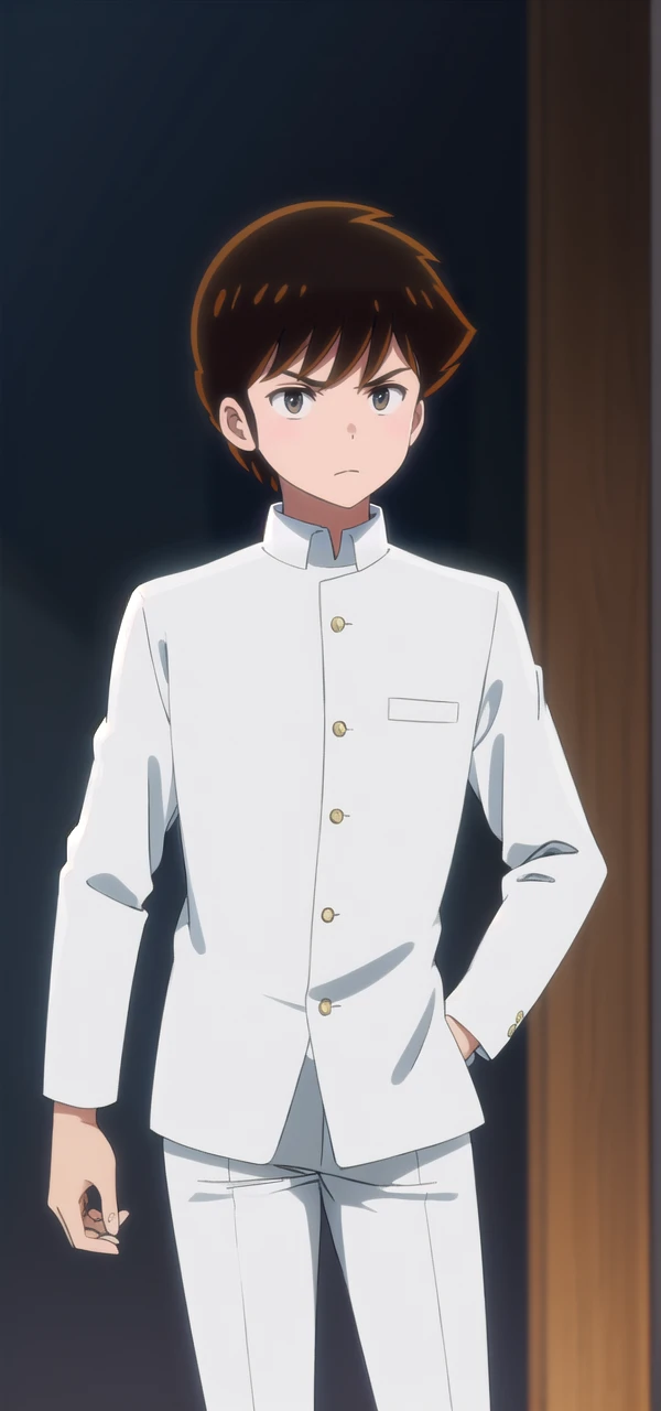 atarumoroboshi, ataru moroboshi, brown hair, male focus, (brown eyes:1.5),
BREAK shirt, school uniform, white shirt, collared shirt, pants, black pants, sneakers, gakuran,
BREAK indoors, classroom,
BREAK looking at viewer, (cowboy shot:1.5),
BREAK (masterpiece:1.2), best quality, high resolution, unity 8k wallpaper, (illustration:0.8), (beautiful detailed eyes:1.6), extremely detailed face, perfect lighting, extremely detailed CG, (perfect hands, perfect anatomy),