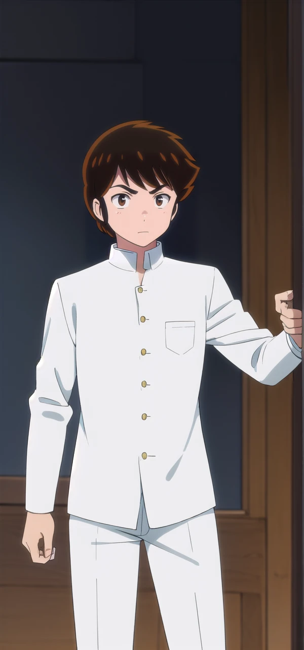 atarumoroboshi, ataru moroboshi, brown hair, male focus, (brown eyes:1.5),
BREAK shirt, school uniform, white shirt, collared shirt, pants, black pants, sneakers, gakuran,
BREAK indoors, classroom,
BREAK looking at viewer, (cowboy shot:1.5),
BREAK (masterpiece:1.2), best quality, high resolution, unity 8k wallpaper, (illustration:0.8), (beautiful detailed eyes:1.6), extremely detailed face, perfect lighting, extremely detailed CG, (perfect hands, perfect anatomy),