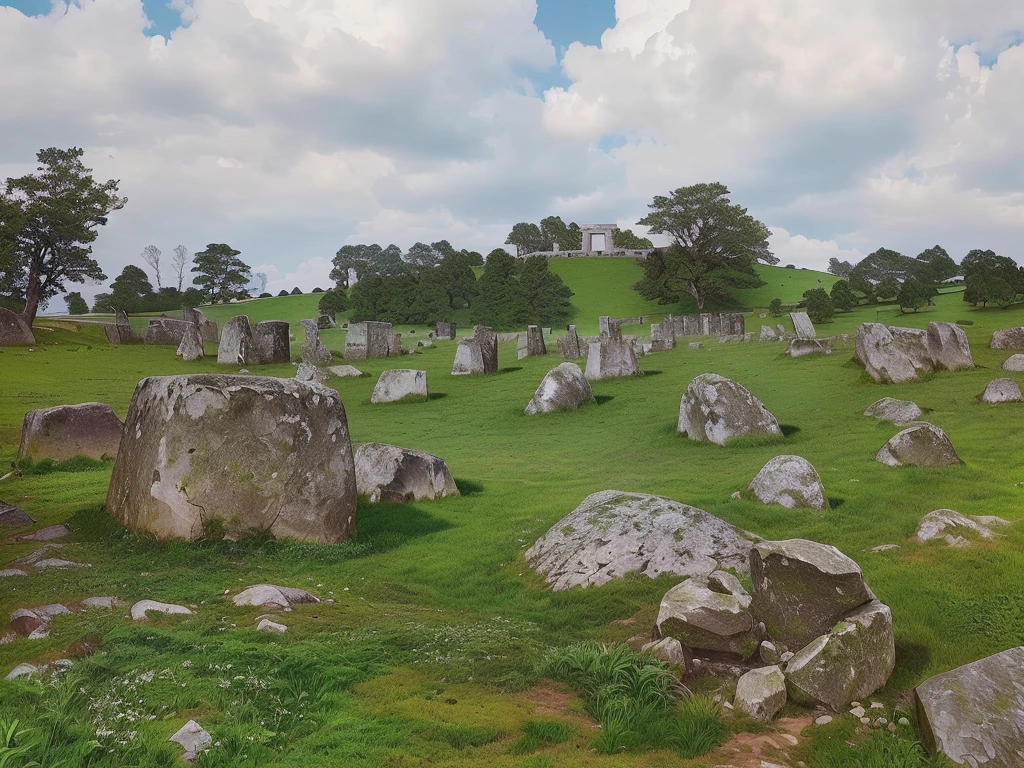 there are many large rocks in the grass with trees in the background, ancient tombs in the background, huge and megalithic, distopia megaliths, menhirs, megaliths, grassy stones, megalithic, large stones, green field with village ruins, ruins of ancient technology, giant grave structures, neolithic standing stones, historical setting