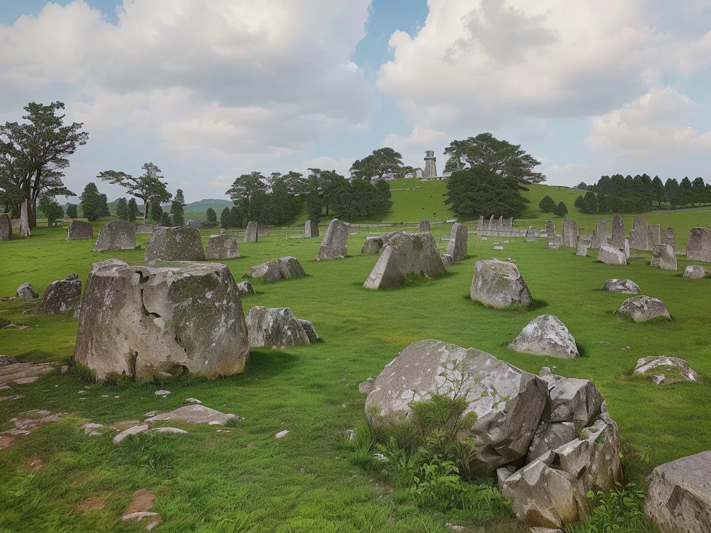 there are many large rocks in the grass with trees in the background, ancient tombs in the background, huge and megalithic, distopia megaliths, menhirs, megaliths, grassy stones, megalithic, large stones, green field with village ruins, ruins of ancient technology, giant grave structures, neolithic standing stones, historical setting