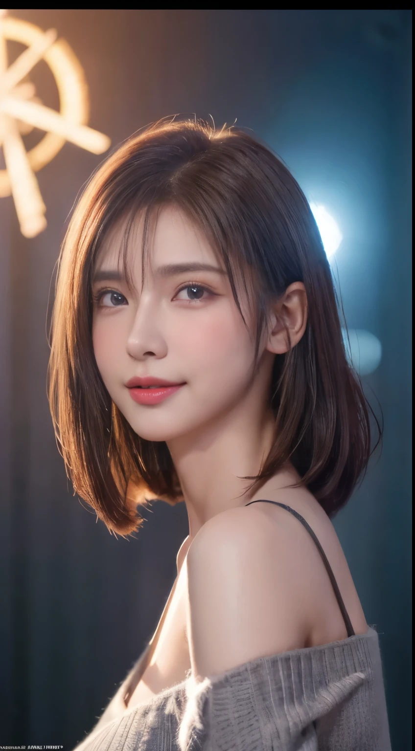 (logo, masterpiece, 8K, Tabletop, RAW Photos, wonderful, 最high quality, Photorealistic and very detailed CG composite 8k wallpaper, high quality, Very detailed, Narrative poem, Particle Effects, Dynamic Effects, Depth of the Boundary, Cinematic Light, Lens flare, Ray Tracing), short hair beautiful young woman, Hair tied back, high detail skin, very fine, fine skin texture, beautiful face, realistic eyes, beautifully detailed eyes, realistic skin, beautiful skin, surreal, smiling eyes, Hair and light eyes, Vibrant, Colorful lights and bokeh. The lighting casts a warm glow on her face and hair, Blue glow, Water surface reflection, Creates a dreamy and magical atmosphere, Big Breasts, Brown Hair, short hair, plump lower lip, pink blush on the cheeks , pink lips, brown tight no-shoulder knit sweater