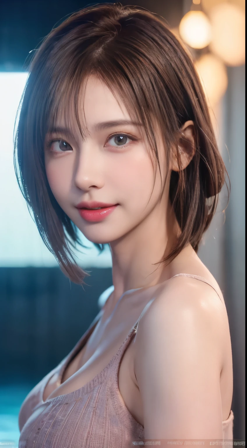 (logo, masterpiece, 8K, Tabletop, RAW Photos, wonderful, 最high quality, Photorealistic and very detailed CG composite 8k wallpaper, high quality, Very detailed, Narrative poem, Particle Effects, Dynamic Effects, Depth of the Boundary, Cinematic Light, Lens flare, Ray Tracing), short hair beautiful young woman, Hair tied back, high detail skin, very fine, fine skin texture, beautiful face, realistic eyes, beautifully detailed eyes, realistic skin, beautiful skin, surreal, smiling eyes, Hair and light eyes, Vibrant, Colorful lights and bokeh. The lighting casts a warm glow on her face and hair, Blue glow, Water surface reflection, Creates a dreamy and magical atmosphere, Big Breasts, Brown Hair, short hair, plump lower lip, pink blush on the cheeks , pink lips, brown tight no-shoulder knit sweater