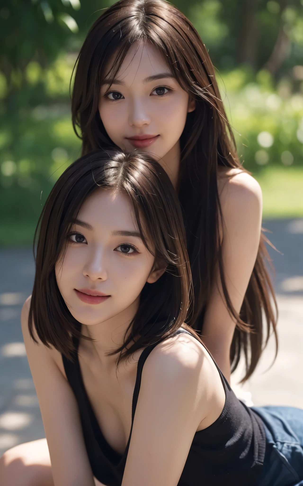 masutepiece, The highest image quality, High quality, Beautiful woman, Japanese, Detailed, Detailed eyes, Detailed skin, Beautiful skin, Ultra High Resolution, (reality: 1.4),Very beautiful, Slightly younger face, Beautiful skin, slender, (A hyper-realistic), (hight resolution), (8K), (Very detailed) (beautifully detailed eyes), (super detailed), Tank top, Skirt, (Wallpaper), (Detailed face), Looking at Viewer, Fine details, Detailed face, Smiling, Looking straight ahead, Looking straight ahead, angle from waist up, photos realistic, Bright lighting, Professional Lighting, Mature Woman, Brown hair, Shoulder-length straight hair swaying in the wind, long stylish bangs,