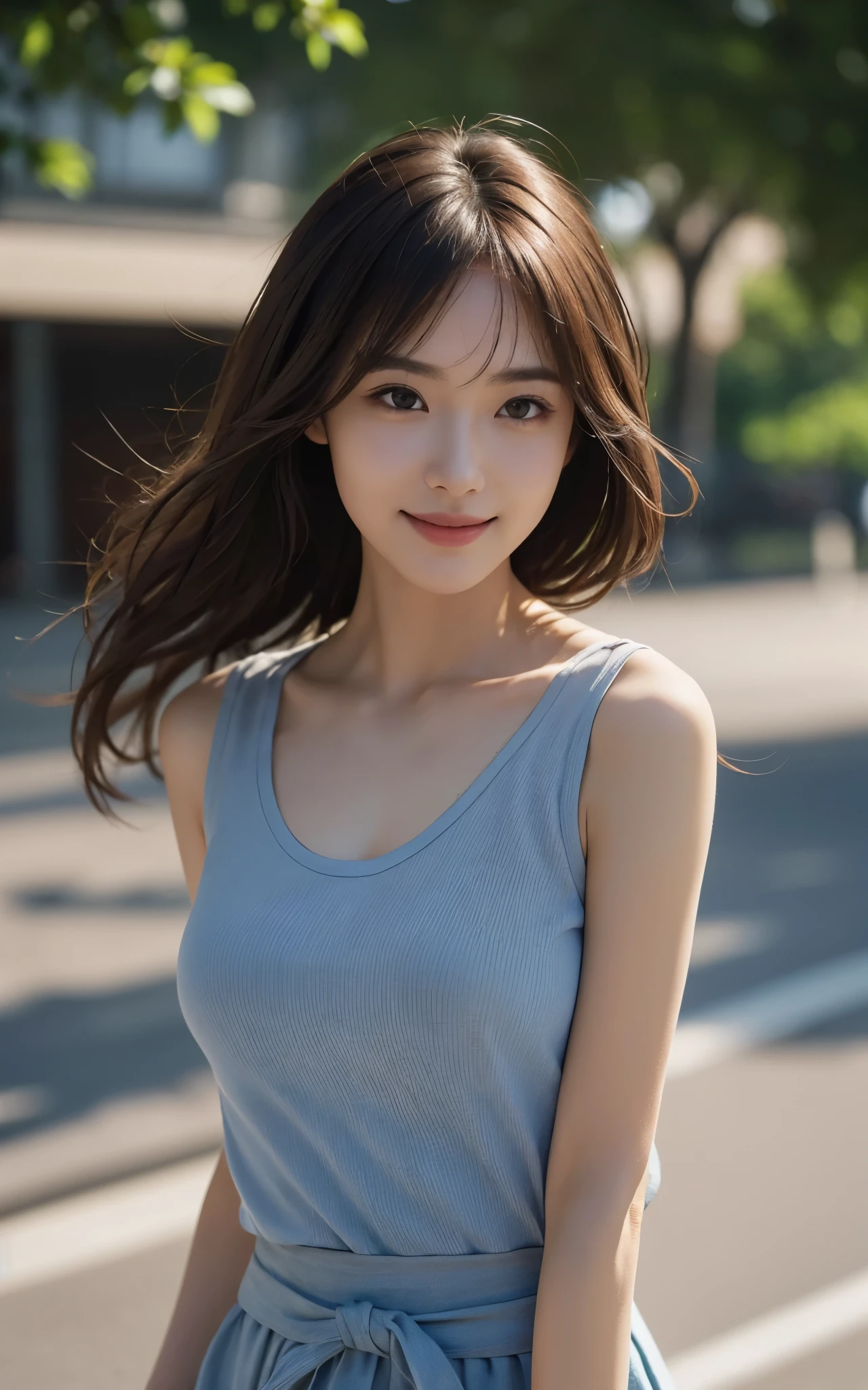 masutepiece, The highest image quality, High quality, Beautiful woman, Japanese, Detailed, Detailed eyes, Detailed skin, Beautiful skin, Ultra High Resolution, (reality: 1.4),Very beautiful, Slightly younger face, Beautiful skin, slender, (A hyper-realistic), (hight resolution), (8K), (Very detailed) (beautifully detailed eyes), (super detailed), Tank top, Skirt, (Wallpaper), (Detailed face), Looking at Viewer, Fine details, Detailed face, Smiling, Looking straight ahead, Looking straight ahead, angle from waist up, photos realistic, Bright lighting, Professional Lighting, Mature Woman, Brown hair, Shoulder-length straight hair swaying in the wind, long stylish bangs,