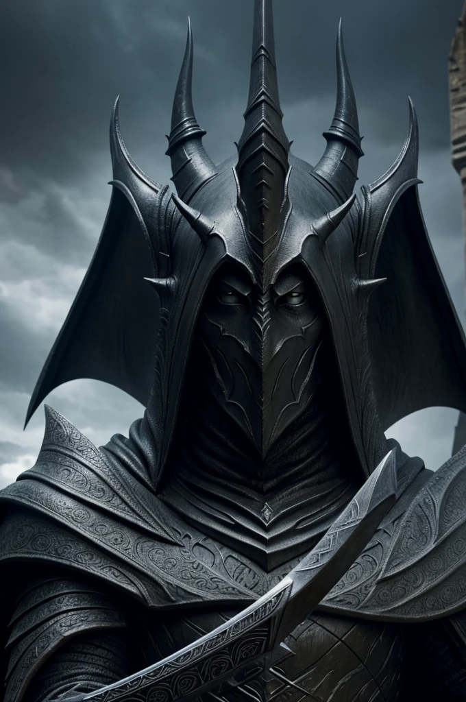 close up of a statue of a man holding a sword, concept art inspired by Alan Lee, reddit, digital art, the dark lord sauron, sauron, portrait of sauron, nazgul, daedric armor, the dark lord, wearing daedric armour, morgoth, nazgul from lord of the rings, dark lord