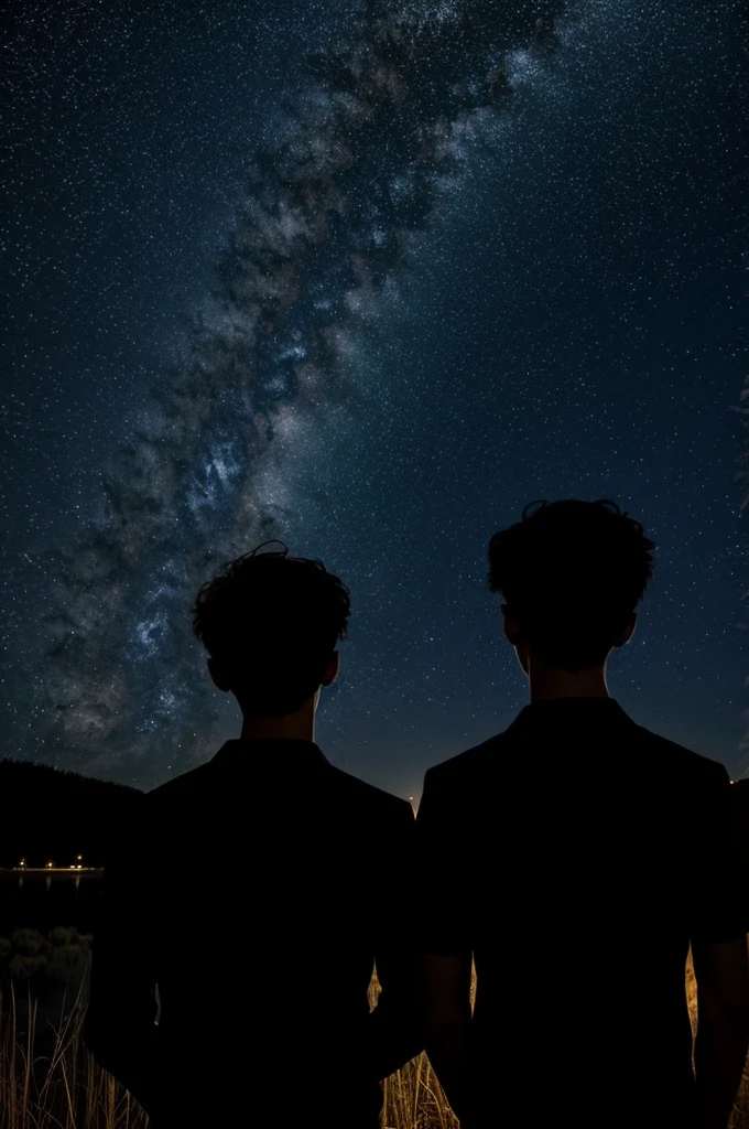 Designs dark silhouettes of two teenage boys looking at infinity on a calm night of stars