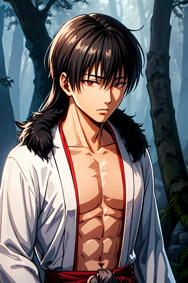 Asian man z wears a white kimono tied at the waist, He is showing his naked torso, black fur, Red eyes, wide, thin man, medieval forest background, the trees are frozen. long hair, focus on his face, is biting a condom.