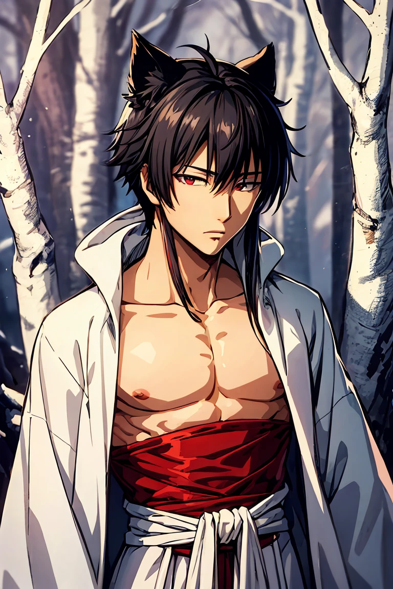 Asian man z wears a white kimono tied at the waist, He is showing his naked torso, black fur, Red eyes, wide, thin man, medieval forest background, the trees are frozen. long hair, focus on his face, is biting a condom.