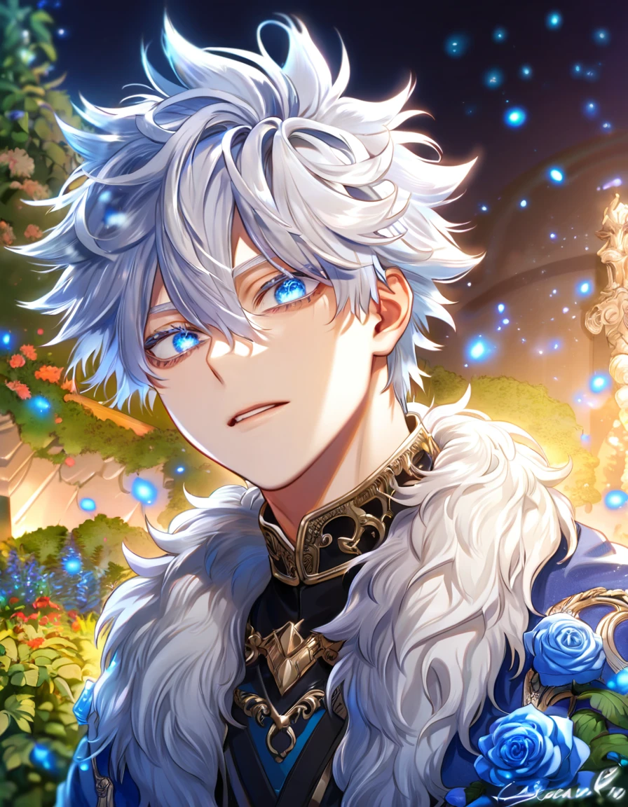 absurdres, highres, ultra detailed, HDR, master piece, best quality, extremely detailed face, delicated features, Gojou Satoru, white hair, messy hair, hair between the eyes, expressive blue eyes, white eyelashes, Boku No Hero Academia, sexy man, solo, handsome, blue jacket with fur, black shirt, fantasy, magical, garden, blue roses, blue fireflies, night