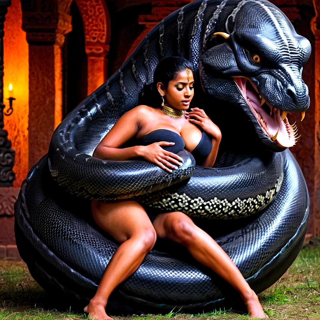  Pregnant Happy Horny, aroused 1girl), beautiful kneeling Indian young teen girl   with  giant colossal black titanboa monster  squeezing her hard, wrapped in thick spiraling coils, constricted, struggle, gasping for air, snake attack, snake peril, moonless night, dim light