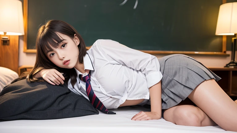 (((On the bed at the love hotel:1.35)))、(((sleep:1.35)))、(((Spread your legs wide:1.35)))、(((mini skirt:1.35)))、(((No underwear:1.35)))、8K, Highest quality, The real picture, Intricate details, Very detailed, Ultra-high resolution, Depth Field,(Realistic,Realistic:1.2),Tabletop , Front shot , Shot in a fashionable café , girl, とても美しい17歳のgirl, Innocent big eyes,、Beautiful breasts:1.5、Very detailed目:1.2)、Wavy Hair、Curly Hair、bangs、, Perfect Skin, Fair skin, Tight waist, A slight blush, View your viewers,((School_uniform),(blazer), (White shirt、Wear a tie), (Grey pleated skirt), (Sculptural installation :1.1), Urban cafe space, Customers enjoying the cafe