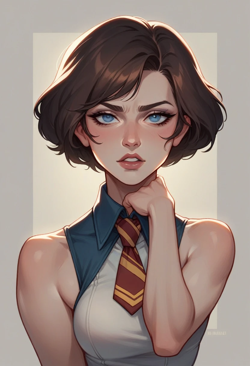 has a little pale skin, once a girl of 17 years old and 1,77 tall, beautiful and attractive, light navy blue eyes, thin, good body, nothing exaggerated or vulgar, and with short dark brown hair, fine features, like alice cullen from twilight but in harry potter version