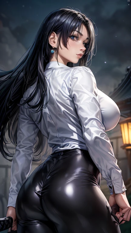 ((monsters looming:1.7、Woman fighting zombies))、((perfect anatomy,realist:1.3,from behind, facial focus,(looking at the viewer:1.2), Masterpiece、of the highest quality、Ultra - high resolution、high resolution、Very detailed CG、8k)),cowboy shot,1 female,Alone,18 years、High school girl swordsman、18 yearsの美少女,Japanese,(((Beautiful face and detailed eyes:1.3,big and beautiful eyes:1.5,grey eyes,shy))),black fur, wide,(center parted hair, forehead),(big breasts, Skinny body,small head:1.3,Skinny),((Oily skin)),(glowing skin,shiny skin),(shiny black leggings、(white long sleeve collared shirt:1.4)、dynamic pose,Cut zombies with a sword、Fighting with Japanese swords、Accurately depicted Japanese sword、callejon、At night、Moonlight、SUCH、