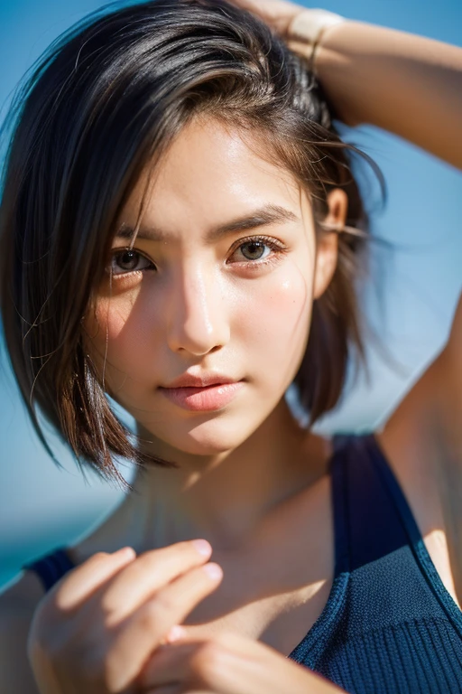 (Masterpiece), ((Top Quality)), ((8K Wallpaper)), ((Ultra High Resolution)), Good Composition, (Ultra Detail), Beautiful Art, Artistic, Realistic, Beautiful, Good Art, Landscape, Movie scene, shiny skin, detailed skin, fine skin, (beautiful hair), (beautiful eyes), (perfect anatomy), (realistic), five-fingered delicate hand, shot on canon, film grain, shot by Christopher Nolan, hard shadow, masterpiece, best quality, Intricate, High Detail, analog style, (soft focus:0.6), modelshoot style, film grain, photo of a beautiful girl, (((boyish and healthy girl))), (High school girl), abeautiful trained body , sweaty skin, short hair, (perfect eyes), (detailed eyes), (High school girl)
, impossible, absurd
, ((チョーカー))、白いブラウス