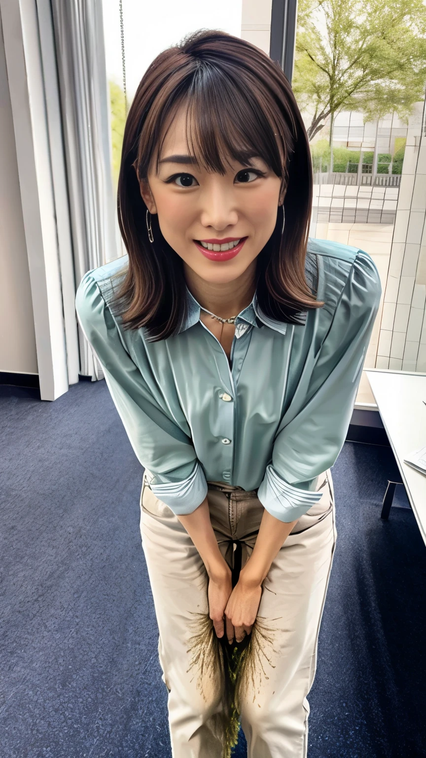 (realistic, photo-realistic:1.4), (masterpiece, best quality:1.2), RAW photo, high resolution, intricate details, extremely detailed, incredibly detailed, insanely detailed, finely detailed, cinematic lighting, full body, face close up, solo, a 42 years old Japanese mature woman, office lady, standing with spread legs, (peeing self, pee stain ,urination:1.5), wetting herself, peeing herself, thin, slender, skinny, (smaller breasts, tiny breasts, flat chest, poor size bust:1.2), dark hair, short hair, detailed face, detailed eyes, fine-textured skin, pale skin, smile, (white slacks, pastel color slacks, light color slacks, formal pants, button down shirt), photo background, indoors, office room, daytime,,