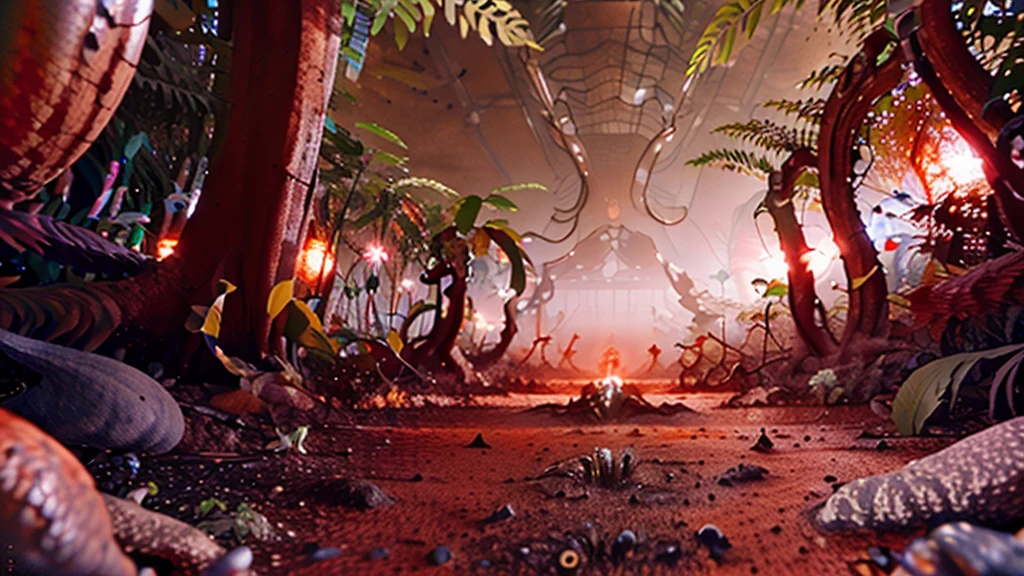 biomechanical alien forest, unknown exotic plants, extraterrestrial biology unknown planet, red - orange atmosphere
