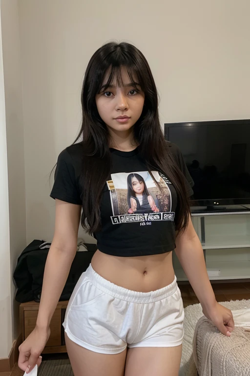 A sweet beautiful young Bogor city girl, 25 years old, sweet georgeus round face, little nose, beautiful round eyes, slim and tiny body, medium size breasts, descent mixed from sundanese and javanese, shy girl, her name is Salma Salsabila, she is ex Pakuan university student and Insan Kamil high school, wavy medium black hairs with a bangs, standing relax spreading legs  watching the TV in her home, wearing t-shirt and white boxer short,