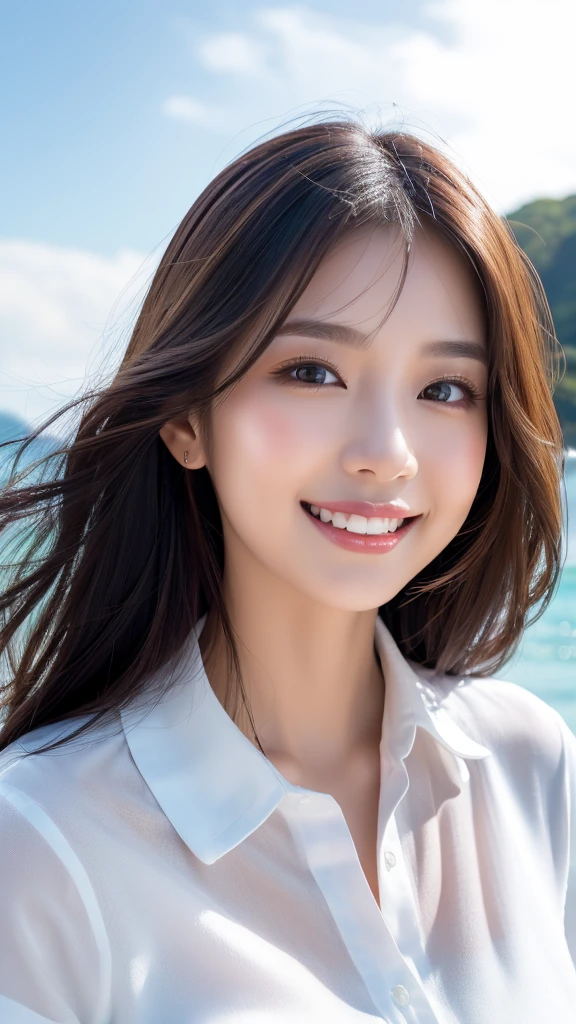 ((Highest quality、Tabletop、8K、Best image quality、Extremely intricate and detailed))、(1 person photo:1.1)、(Look at me with your best smile:1.1)、(Beautiful beaches:1.1)、(White polyester high short sleeve collar shirt:1.1)、(The perfect short sleeve collared shirt:1.1)、Accentuate your body lines、The most natural and perfect sea background、最も澄んだBeautiful sea、(Very large breasts:1.1)、(Face close-up:1.2)、Glamorous Body、Hair swaying in the wind、Sandy Beach、Beautiful sea、The clearest and most shining sea、Complex sea glow、The most detailed and realistic ocean、Beautiful seaの詳細が描かれています、(Very brightly lit face:1.2)、Ultra-high definition beauty face、(Ultra high resolution perfect beautiful teeth:1.1)、Ultra HD Hair、Ultra-high definition sparkling eyes、(Pure white skin shining in ultra-high resolution:1.2)、Ultra-high quality glossy lips、The cutest gravure pose、(Very bright and vivid:1.2)、(Very bright:1.2)、(Very refreshing:1.1)、(Glowing white beautiful skin:1.2)、(Very strong exposure:1.2)、(Pure white skin that shines Very brightly:1.2)、(Very strong highlights:1.2)、(Very bright and glowing skin:1.2)、Blurred Background,Big Breasts
