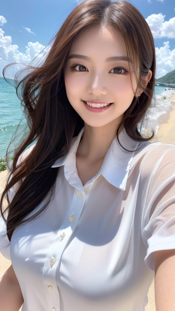 ((Highest quality、Tabletop、8K、Best image quality、Extremely intricate and detailed))、(1 person photo:1.1)、(Look at me with your best smile:1.1)、(Beautiful beaches:1.1)、(White polyester high short sleeve collar shirt:1.1)、(The perfect short sleeve collared shirt:1.1)、Accentuate your body lines、The most natural and perfect sea background、最も澄んだBeautiful sea、(Very large breasts:1.1)、(Face close-up:1.2)、Glamorous Body、Hair swaying in the wind、Sandy Beach、Beautiful sea、The clearest and most shining sea、Complex sea glow、The most detailed and realistic ocean、Beautiful seaの詳細が描かれています、(Very brightly lit face:1.2)、Ultra-high definition beauty face、(Ultra high resolution perfect beautiful teeth:1.1)、Ultra HD Hair、Ultra-high definition sparkling eyes、(Pure white skin shining in ultra-high resolution:1.2)、Ultra-high quality glossy lips、The cutest gravure pose、(Very bright and vivid:1.2)、(Very bright:1.2)、(Very refreshing:1.1)、(Glowing white beautiful skin:1.2)、(Very strong exposure:1.2)、(Pure white skin that shines Very brightly:1.2)、(Very strong highlights:1.2)、(Very bright and glowing skin:1.2)、Blurred Background,Big Breasts