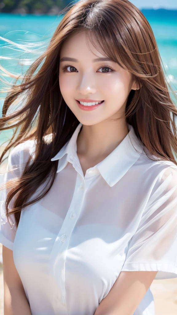 ((Highest quality、Tabletop、8K、Best image quality、Extremely intricate and detailed))、(1 person photo:1.1)、(Look at me with your best smile:1.1)、(Beautiful beaches:1.1)、(White polyester high short sleeve collar shirt:1.1)、(The perfect short sleeve collared shirt:1.1)、Accentuate your body lines、The most natural and perfect sea background、最も澄んだBeautiful sea、(Very large breasts:1.1)、(Face close-up:1.2)、Glamorous Body、Hair swaying in the wind、Sandy Beach、Beautiful sea、The clearest and most shining sea、Complex sea glow、The most detailed and realistic ocean、Beautiful seaの詳細が描かれています、(Very brightly lit face:1.2)、Ultra-high definition beauty face、(Ultra high resolution perfect beautiful teeth:1.1)、Ultra HD Hair、Ultra-high definition sparkling eyes、(Pure white skin shining in ultra-high resolution:1.2)、Ultra-high quality glossy lips、The cutest gravure pose、(Very bright and vivid:1.2)、(Very bright:1.2)、(Very refreshing:1.1)、(Glowing white beautiful skin:1.2)、(Very strong exposure:1.2)、(Pure white skin that shines Very brightly:1.2)、(Very strong highlights:1.2)、(Very bright and glowing skin:1.2)、Blurred Background,Big Breasts