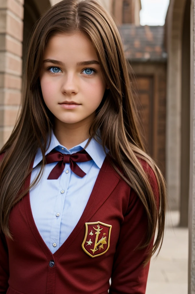 16 year old girl with brown hair, blue eyes and griffindor uniform 